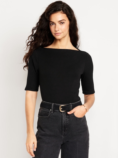 Ribbed Boat-Neck T-Shirt