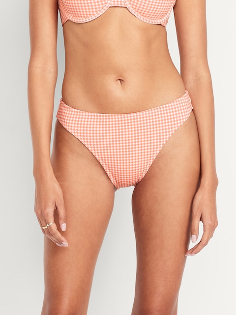 Mid-Rise Textured Bikini Swim Bottoms - Red Gingham