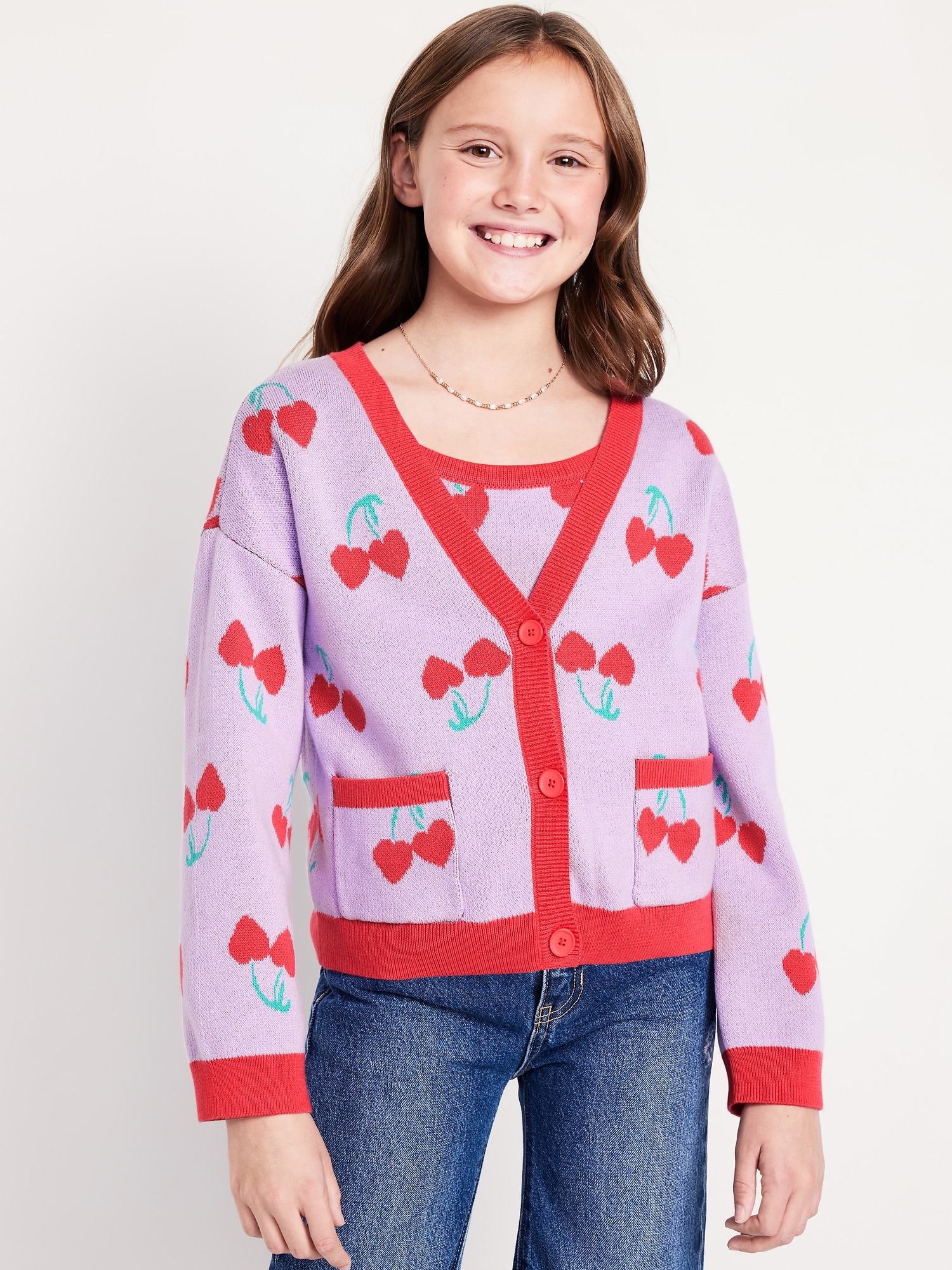 Printed Button-Front Cardigan Sweater for Girls