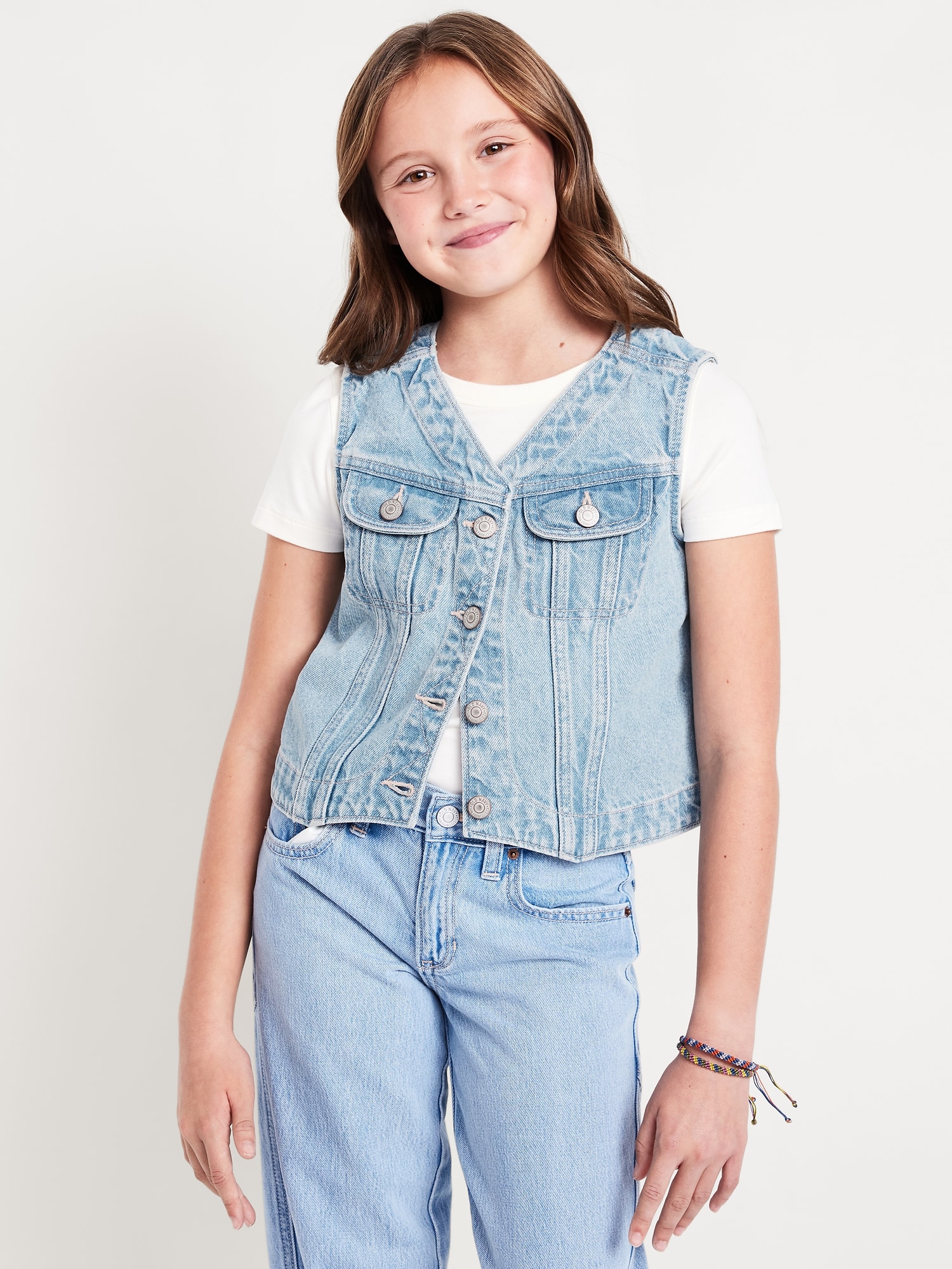 Cropped Button-Front Jean Vest for Girls