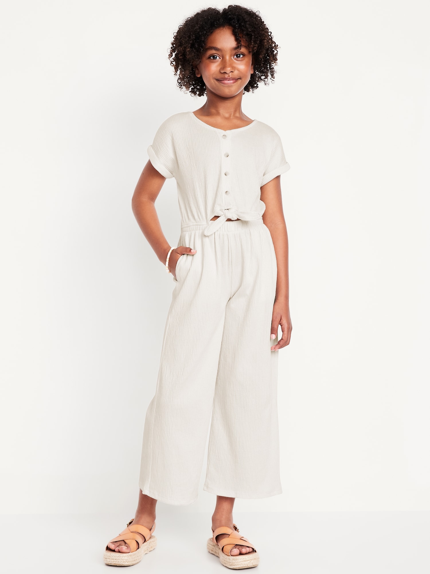 Short-Sleeve Button-Front Tie-Knot Jumpsuit for Girls