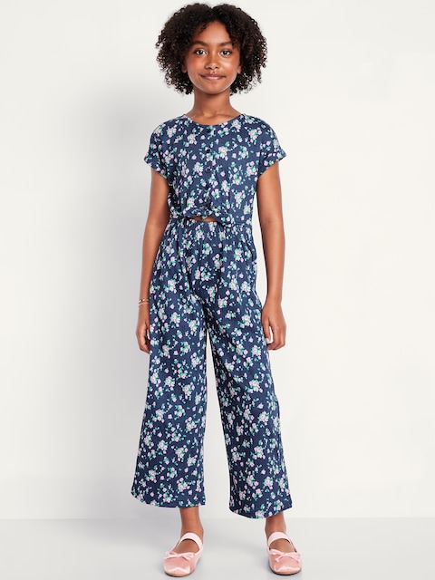 Short-Sleeve Button-Front Tie-Knot Jumpsuit for Girls