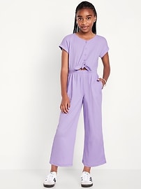 Image number 1 showing, Short-Sleeve Button-Front Tie-Knot Jumpsuit for Girls