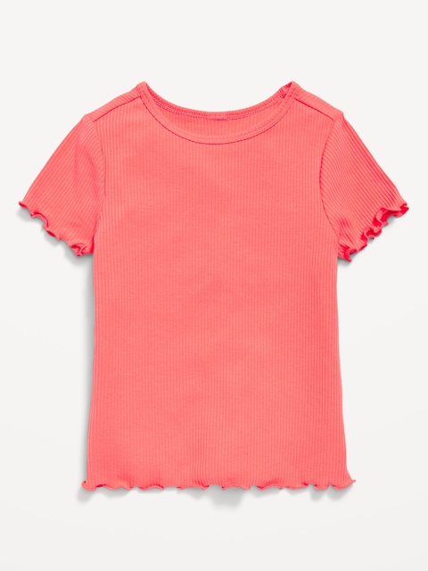 Short-Sleeve Lettuce-Edge Ribbed T-Shirt for Toddler Girls - Coral Tropics