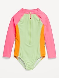 Image number 1 showing, Color-Block Zip-Front Rashguard One-Piece Swimsuit for Girls