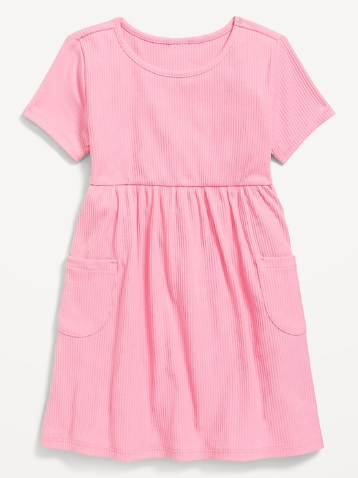 View large product image 1 of 2. Short-Sleeve Ribbed Fit and Flare Pocket Dress for Toddler Girls