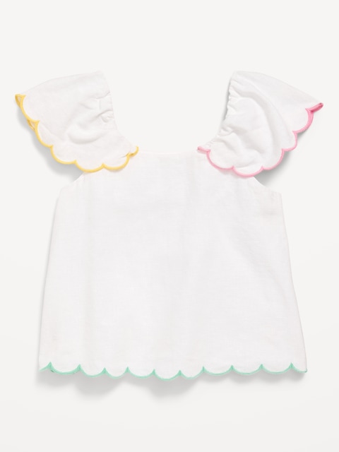 Short-Sleeve Linen-Blend Scallop-Trim Top for Toddler Girls