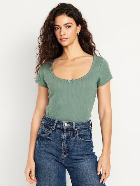 Lace-Trim Ribbed Pointelle T-Shirt - Dried Herb