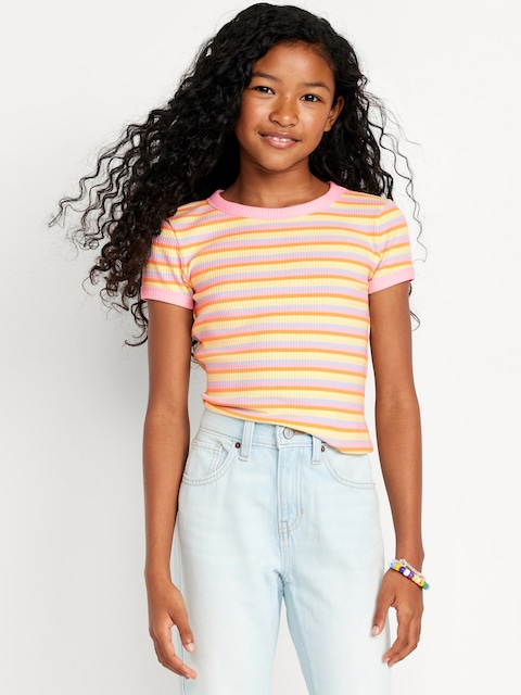 Fitted Short-Sleeve Ribbed T-Shirt for Girls - Multi Stripe