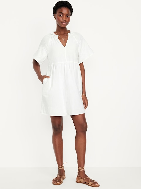 Split-Neck Crinkle Gauze Mini Swing Dress - White Lilies