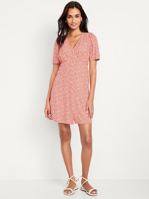 Button-Down Crepe Mini Dress - Red Ditsy