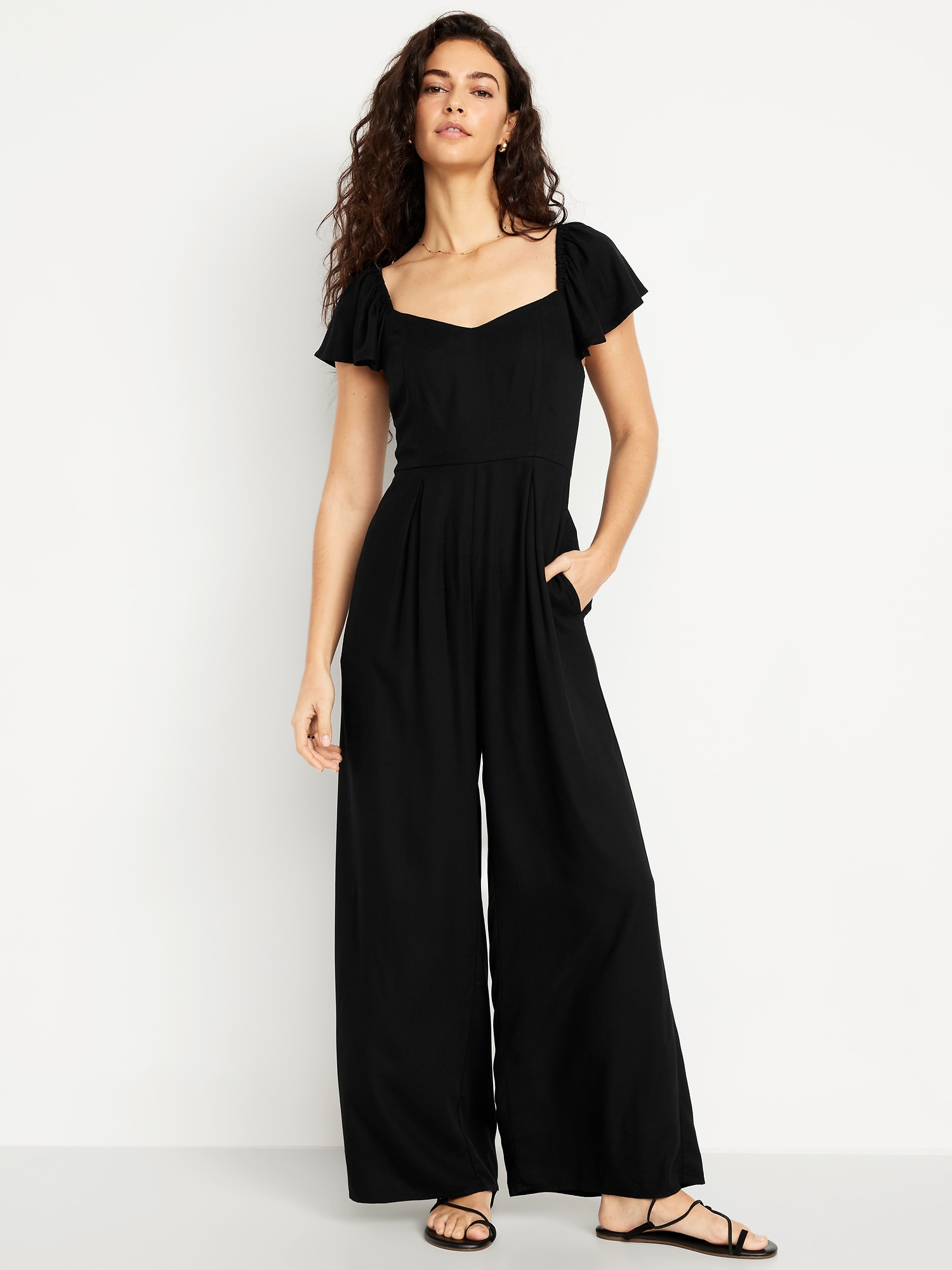 Fit & Flare Flutter-Sleeve Crepe Jumpsuit