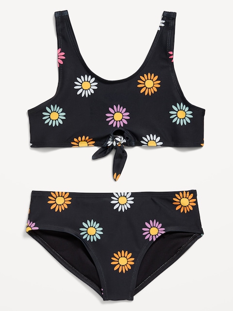Printed Tie-Knot Bikini Swim Set for Girls - Black Multi Flower