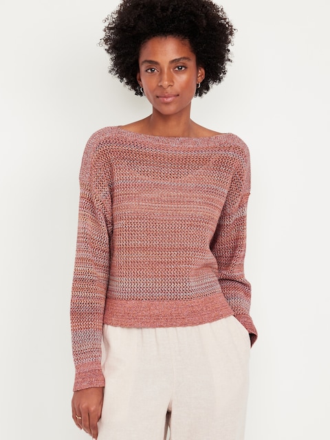 Boat-Neck Open-Stitch Sweater