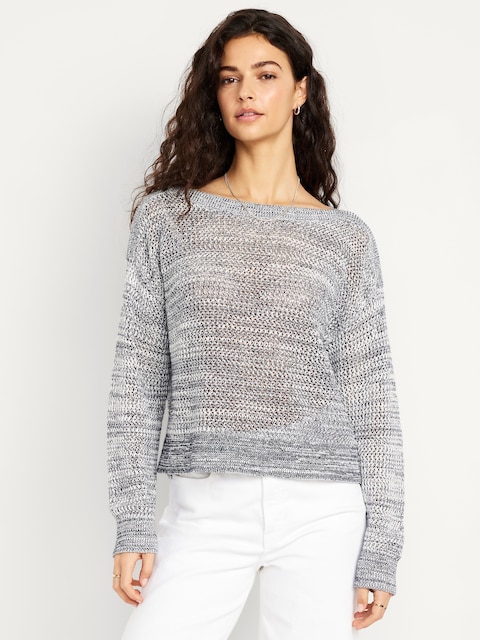 Boat-Neck Open-Stitch Sweater - Navy Multi