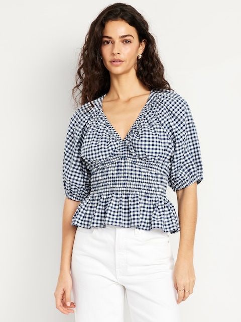 Smocked Gingham Top - Navy Gingham