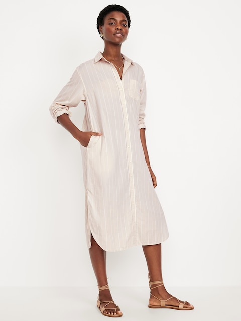 Striped Midi Shirt Dress - Neutral Stripe
