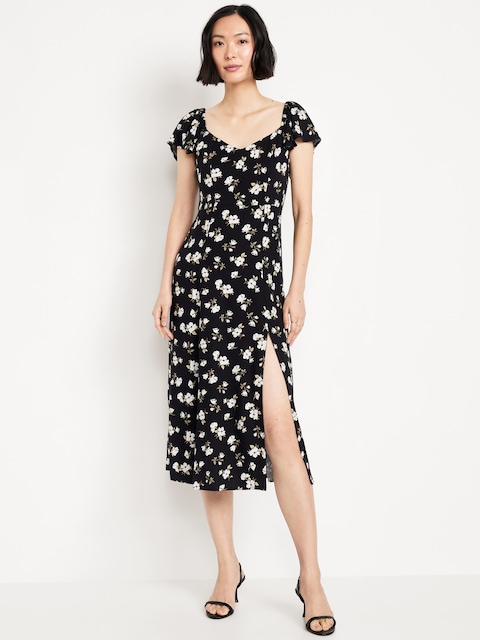 Flutter-Sleeve Crepe Midi Dress - Black And White Floral