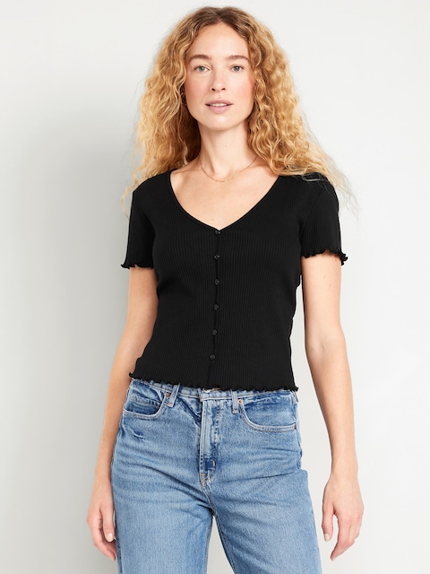 Ribbed Button-Down Lettuce-Edge Top - Black Jack