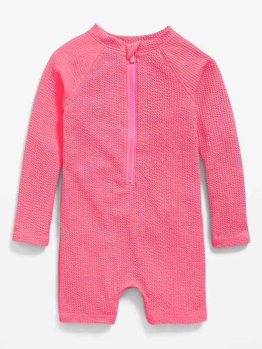 View large product image 1 of 1. Textured Zip-Front Rashguard Romper Swimsuit for Toddler &amp; Baby