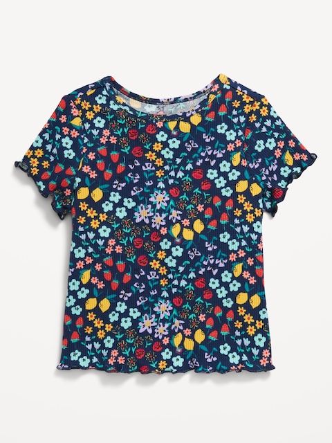 Printed Short-Sleeve Lettuce-Edge T-Shirt for Toddler Girls - Blue Ditsy Floral