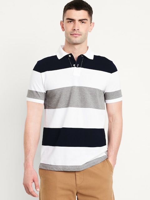 Classic Fit Striped Pique Polo - White/Gray/Navy Stripe