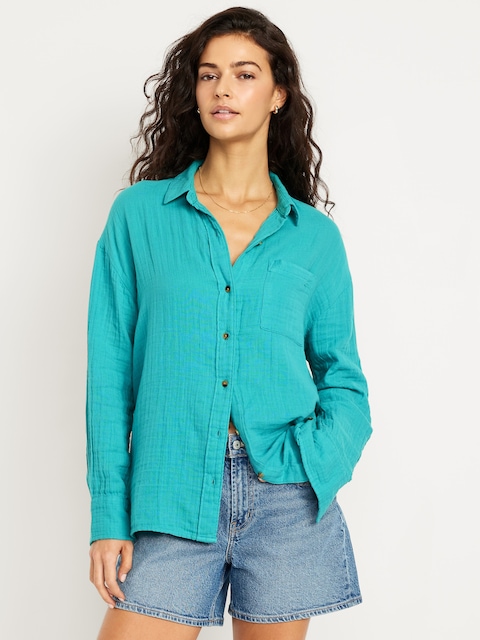 Crinkle Gauze Loose Button-Down Shirt