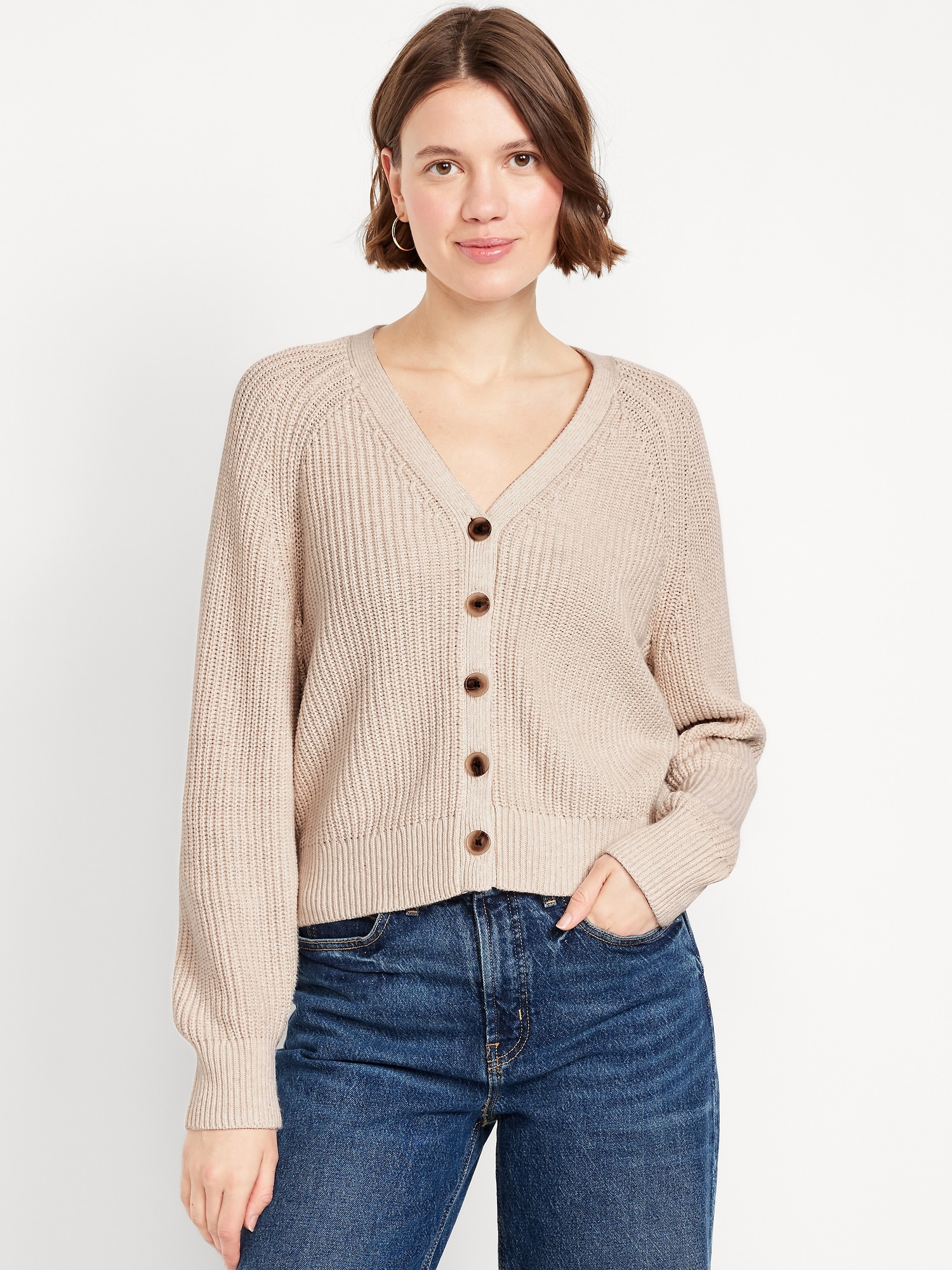 V-Neck Shaker-Stitch Cardigan Sweater