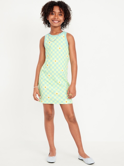 Printed Fitted Sleeveless Dress for Girls - Small Green Check