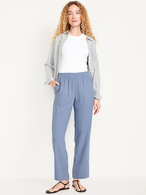 High-Waisted Linen-Blend Straight Ankle Pants - Mount Shasta