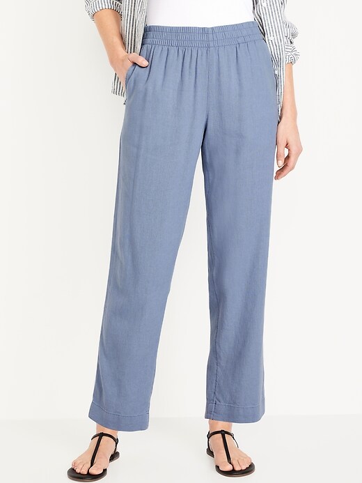 Image number 8 showing, High-Waisted Linen-Blend Straight Pants