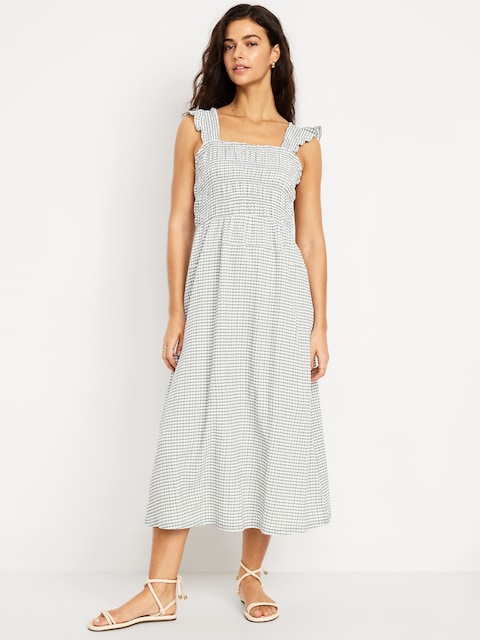 Fit & Flare Lightweight Smocked Gingham Midi Dress - Green Gingham
