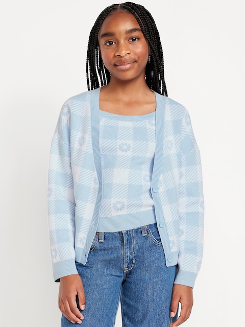 Printed Button-Front Cardigan Sweater for Girls - Cashmere Blue