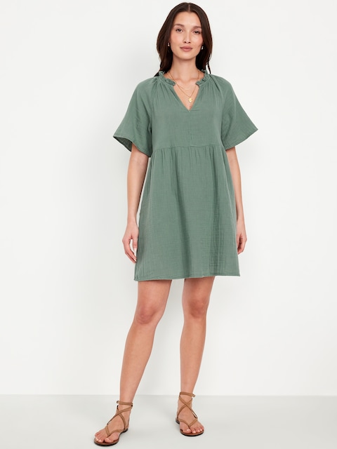 Split-Neck Crinkle Gauze Mini Swing Dress - Dried Herb