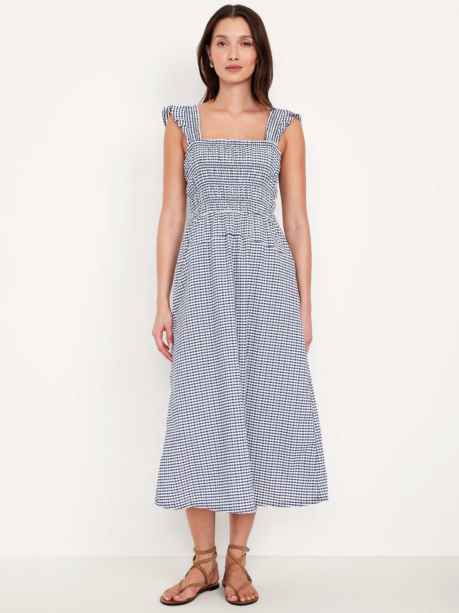 Fit & Flare Smocked Gingham Midi Dress