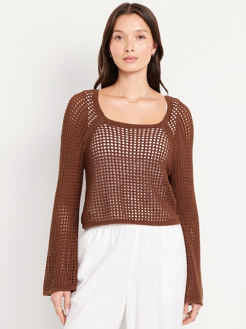Open-Stitch Cropped Bouclé Sweater - Precious Earth