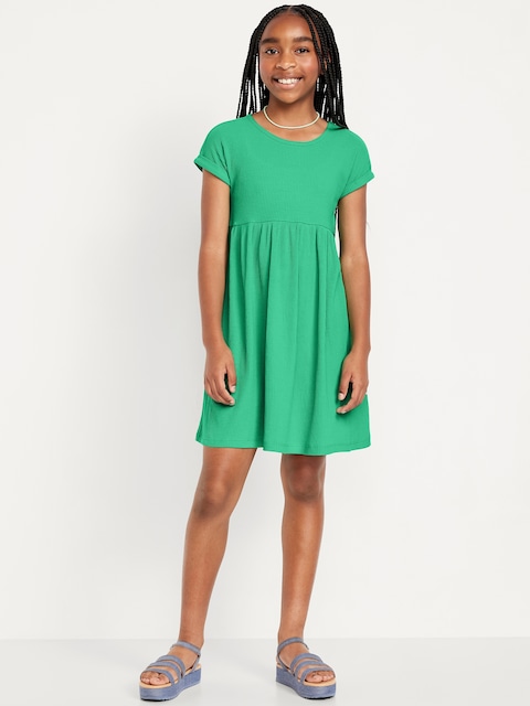 Short-Sleeve Ribbed Dress for Girls - Green