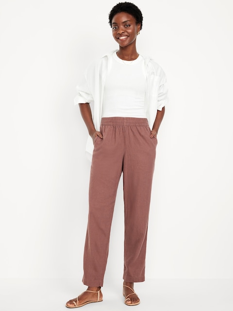 High-Waisted Linen-Blend Straight Ankle Pants - Warm Taupe