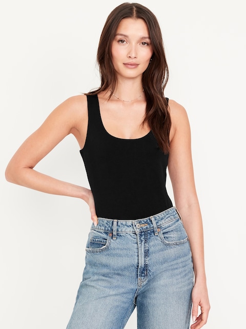Double-Layer Scoop-Neck Bodysuit - Black Jack