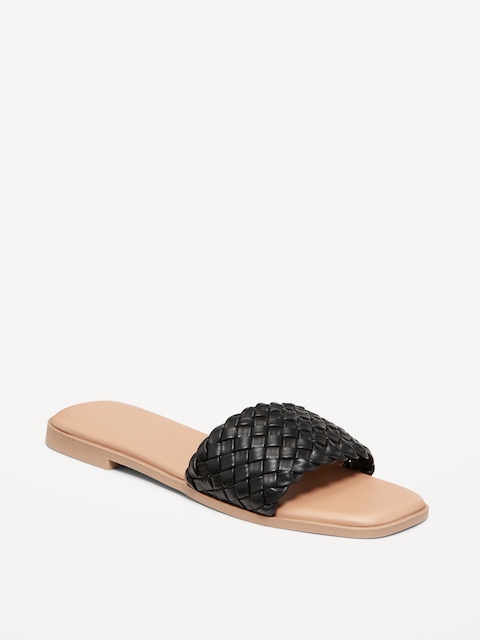 Faux-Leather Woven Slide Sandals