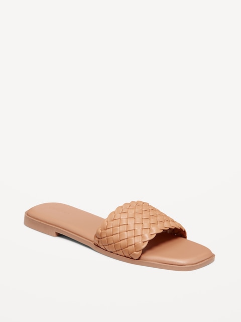Faux-Leather Woven Slide Sandals - Adobe Clay