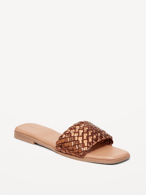 Faux-Leather Woven Slide Sandals - Bronze