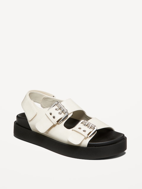 Faux-Leather Chunky Buckle Sandals - Bone