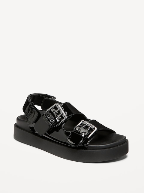 Faux-Leather Chunky Buckle Sandals - Blackjack
