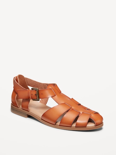 Faux-Leather Fisherman Sandals - Cognac Brown