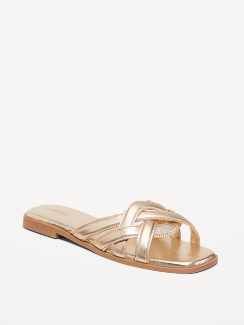 Faux-Leather Woven Strap Sandals - Gold