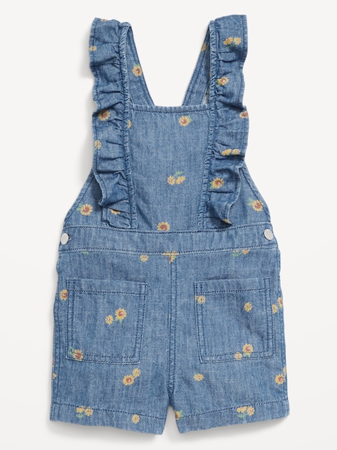 Printed Ruffle-Trim Chambray Shortalls for Toddler Girls - Sunflower