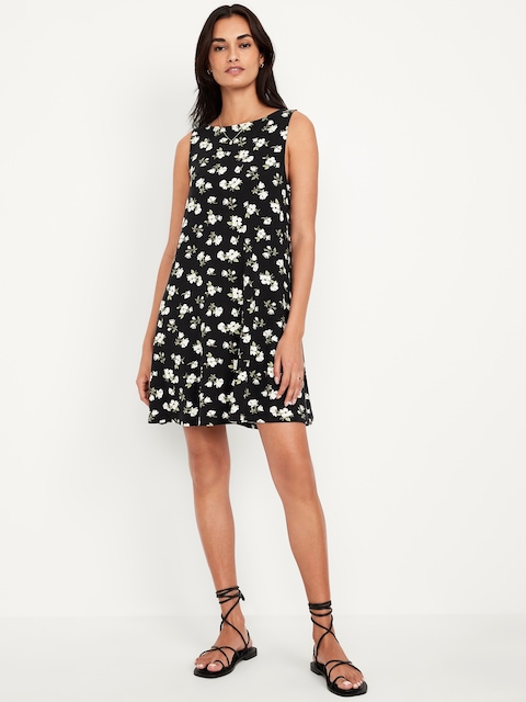 Sleeveless Mini Swing Dress - Black Floral