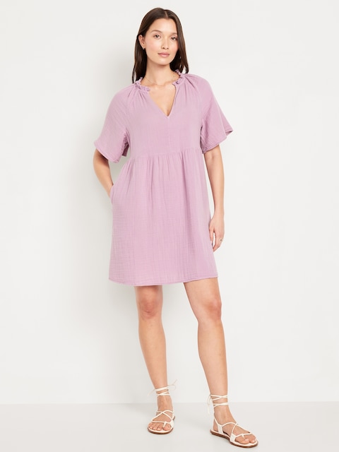 Split-Neck Crinkle Gauze Mini Swing Dress - Rose Dawn