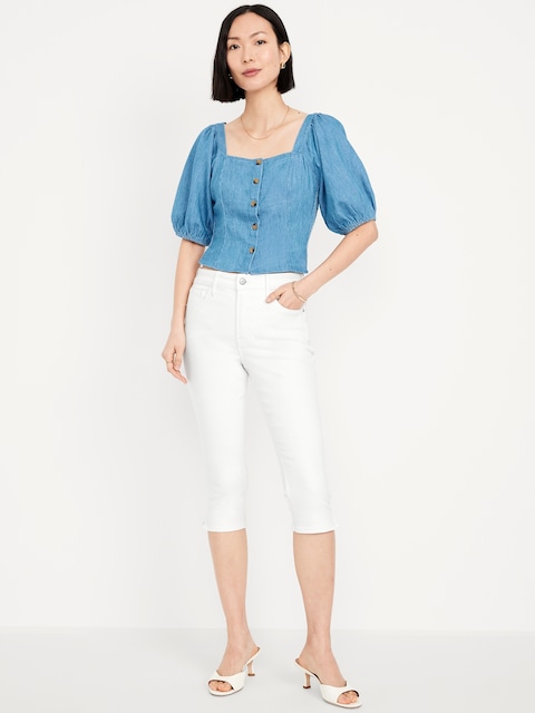 High-Waisted Rockstar Slim Capri Jeans - White Wash